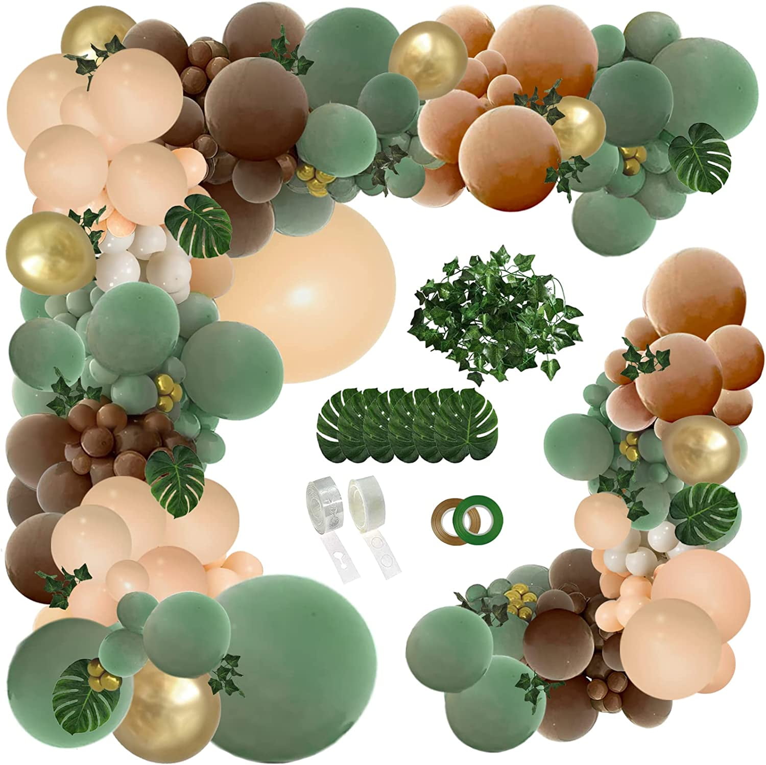 Qenwkxz 142pcs Green Brown Balloon Garland Arch Kit Jungle Wild Woodland Balloon Arch Olive Green Gold Coffee Cocoa for Birthday Wedding Shower Party Decorations 5.91in 78.74in