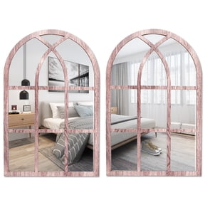 Qenwkxz 17.16" x 12.48" Wood Color Vintage Window Wall Decor Mirror, Set of 2