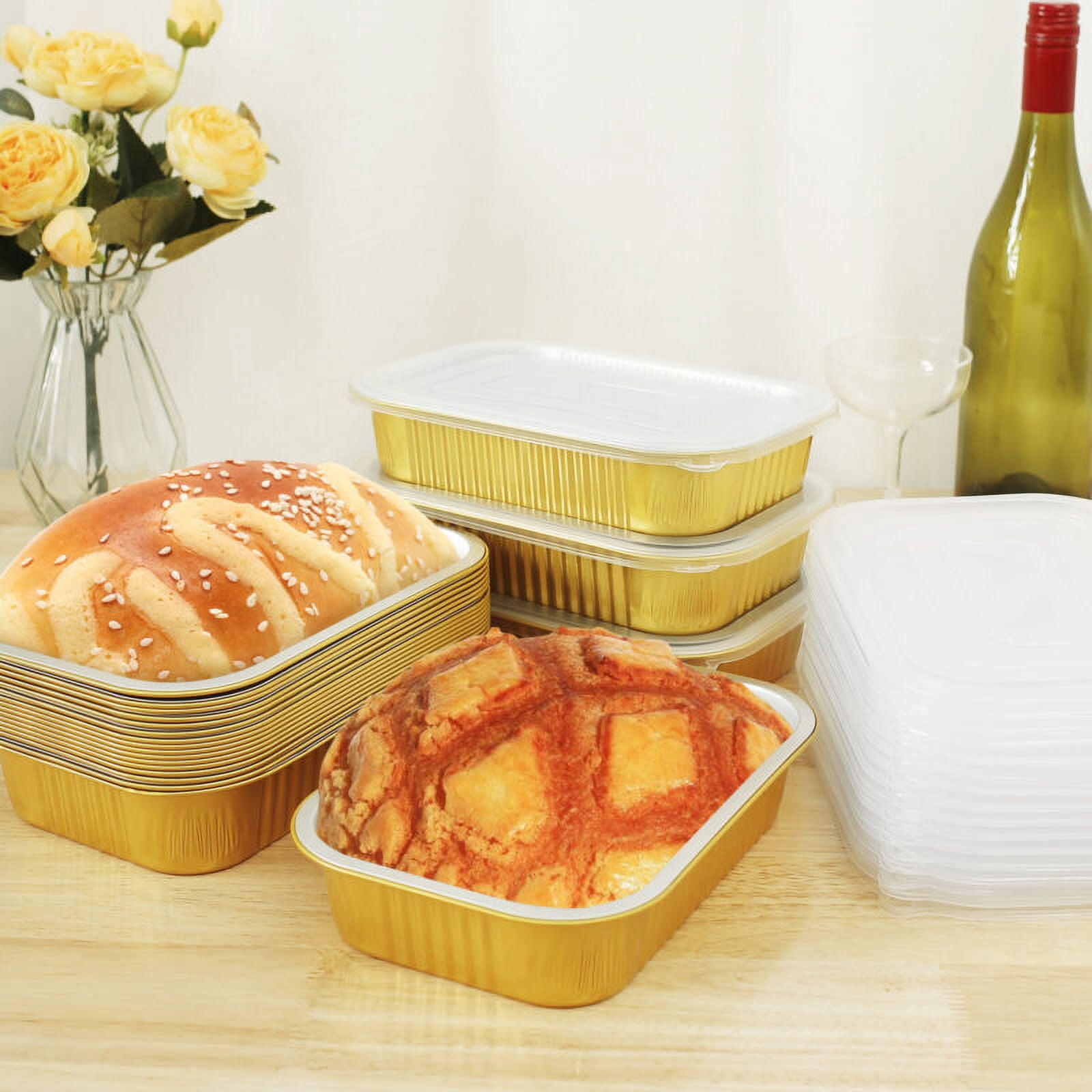 Qenwkxz 20pcs Aluminum Foil Pans with Lids Food Grade Baking Tray Gold Foil Tray Container Rectangular Aluminum Cake Pans Multifunctional Foil Pans Heat Resistant for Microwave Ovens Baking