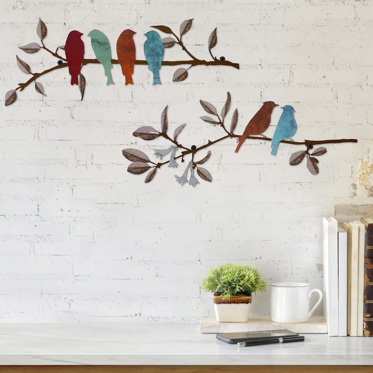 Qenwkxz 2PCS Metal Birds on Branch Wall Decor, Indoor & Outdoor Rustic ...