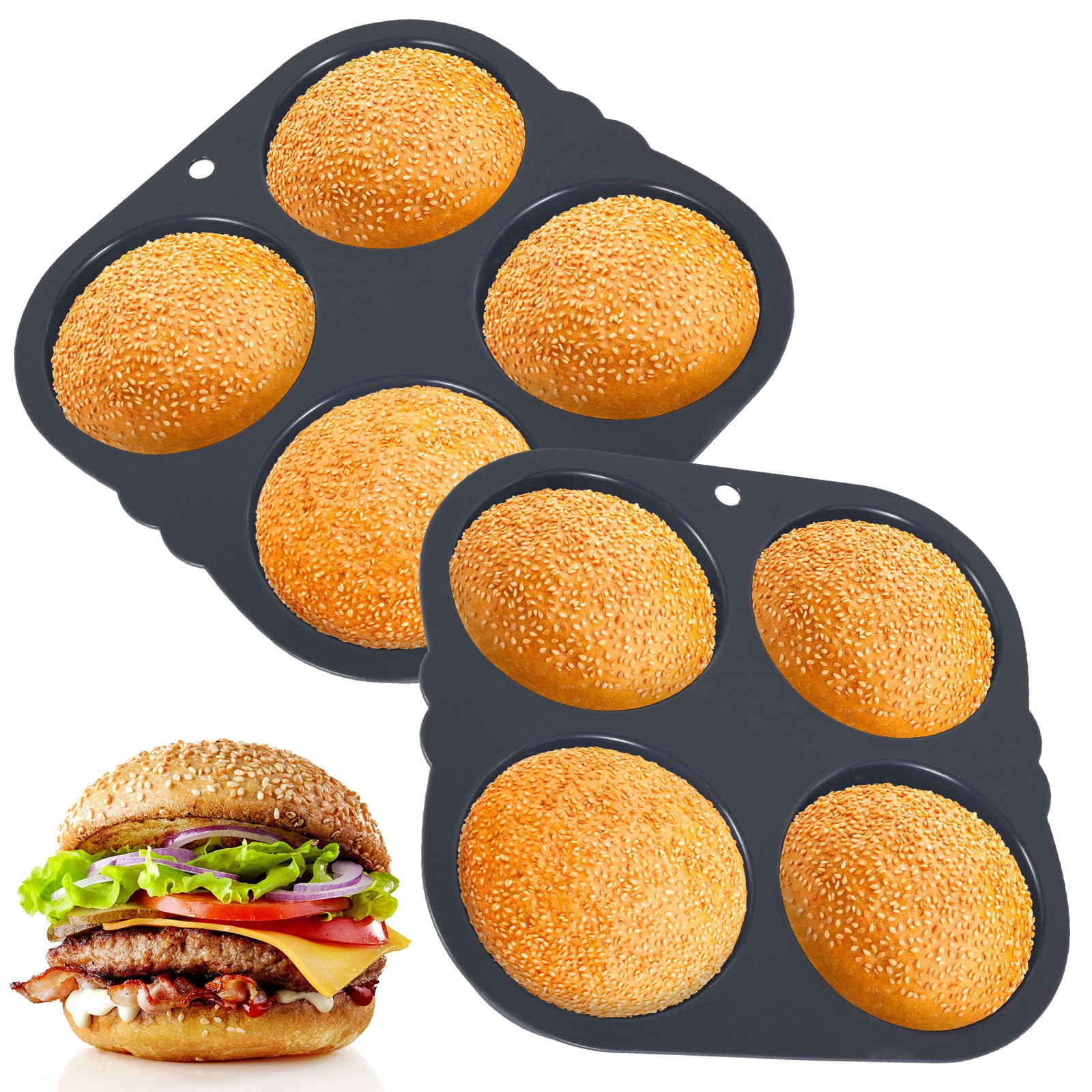 Qenwkxz 2PCS Silicone Hamburger Bun Mold with 4 Cavities Nonstick