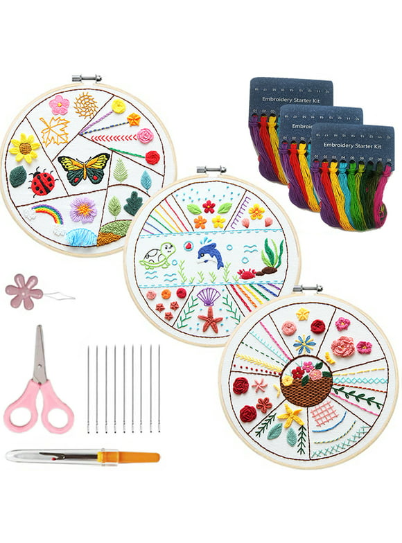 Qenwkxz 3 Sets Beginners Embroidery Stitch Practice kit, Animal Embroidery Kit for Beginners Include Embroidery Cloth Hoops Threads for Craft Lover Hand Stitch