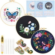 Qenwkxz 3 Sets Embroidery Starter Kit with Embroidery Clothes, Bamboo Embroidery Hoops, Range of Crewel Stamped Embroidery Kits with Floral Patterns and Instructions