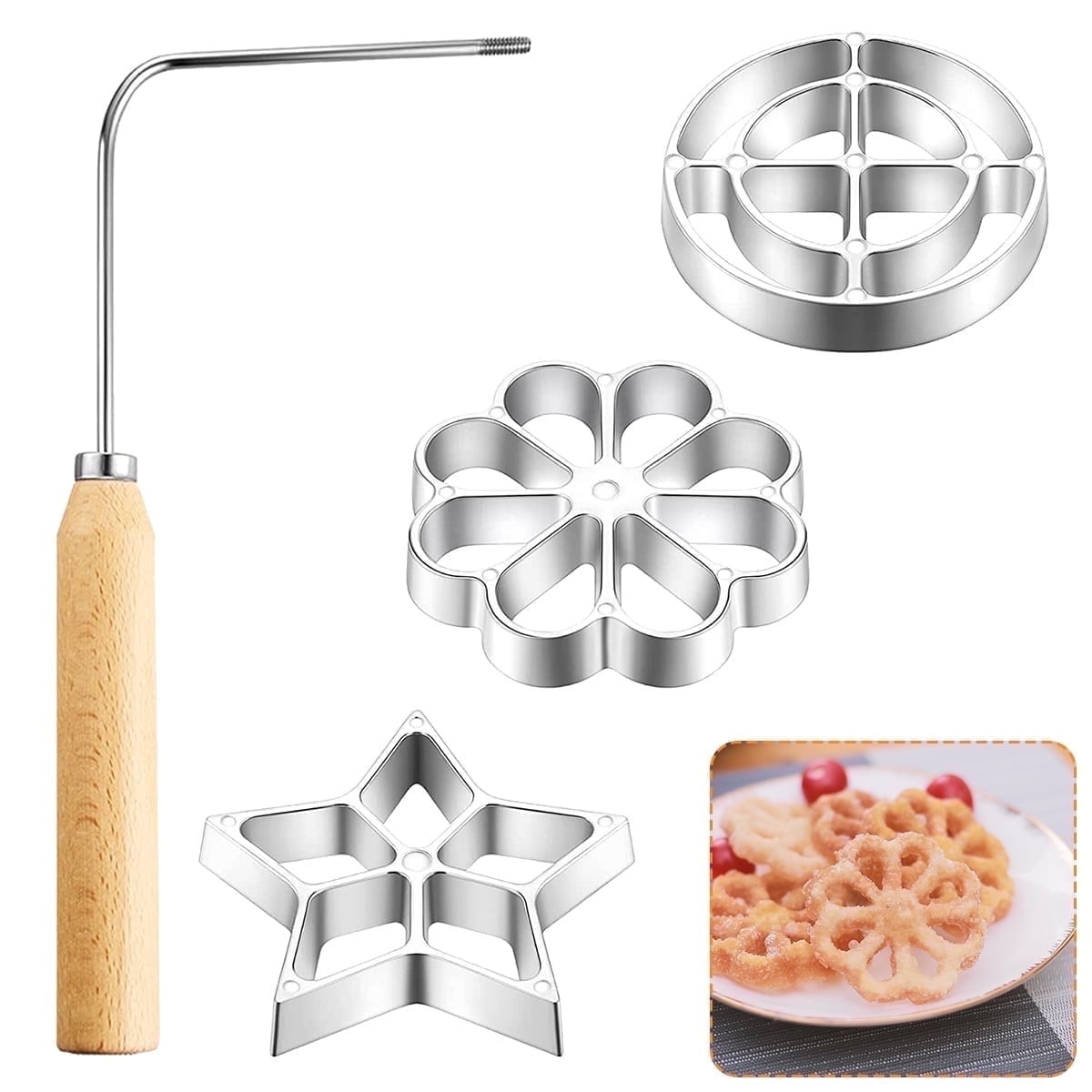Qenwkxz 4Pack Metal Waffle Mould Set with Wooden Handle Durable Rosette Cookie Bunuelos Tool Star Flower Circle Waffle Egg Muffin Maker Kitchen Accessories for Baking Cooking Handle 9.65 x 4.72in