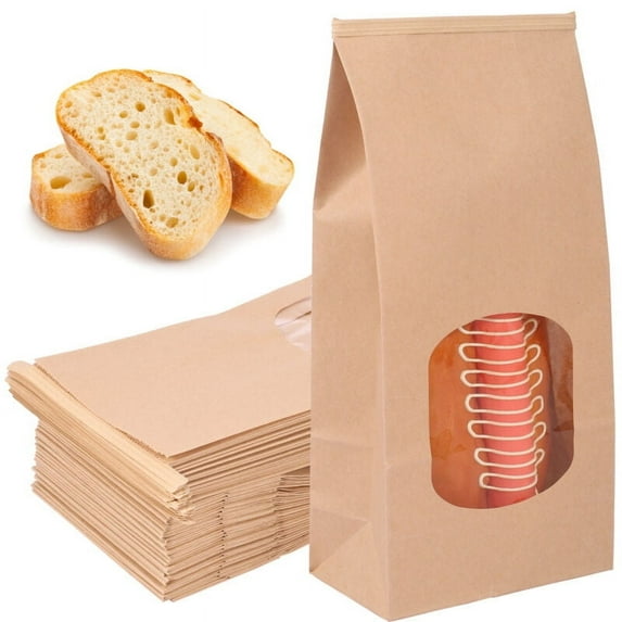 Qenwkxz 50pcs Bakery Bags Paper Food Packaging Bag with Clear Window Reusable Cookie Bags Multipurpose Bread Toast Bags DIY Paper Bags for Candy Bread Sandwiches Coffee Beans 4.7x2.6x9.7 inch