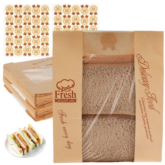 Qenwkxz 50pcs Kraft Bread Bags with Stickers Waterproof Oil Resistant Paper Bakery Bags with Clear Window Portable Bread Toast Bags Multipurpose Food Paper Bag for Bread Candy Coffee Bean 32x21x9cm