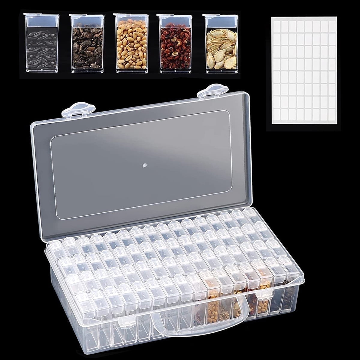 Qenwkxz 64 Grids Plastic Seed Box, Seed Organizer with Labels for Various Seeds