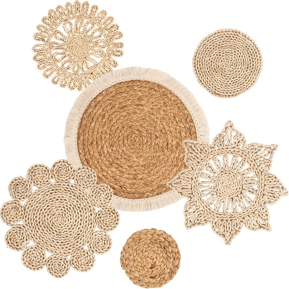 NUAHRHY 6Pcs Hanging Woven Wall Basket Set Handcrafted Corn Husk Baskets Decorative Woven Basket Wall Decor Rustic Wall Basket Decor Set Woven Wall Plates Decor for Living Room Bedroom