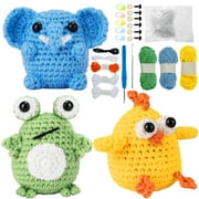 Qenwkxz Beginner Crochet Kit Cute DIY Crochet Starter Kit with Instructions Crochet Kit 3 Pattern Animals Frog Elephant Chick with Yarn Crochet Hook Cotton Needle Accessories for Crafts