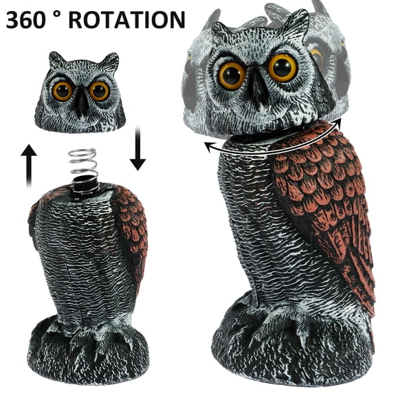 Qenwkxz Fake Owl Decoys to Scare Birds Away from Gardens and Patios Rotating Head Owl Bird Deterrents Nature Enemy Scarecrow Plastic Statues Pest Repellent Pigeos 59.52*28.66*28.66in