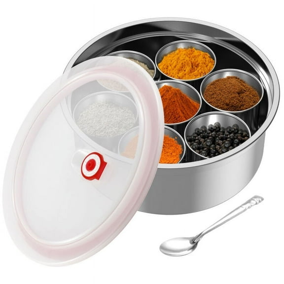 Qenwkxz Masala Dabba Spice Box Stainless Steel Spice Containers Masala Dabba with 7 Compartments Indian Spice Box with Transparent Lid Indian with Spoon 9.8"?3.7" Kitchen Spice Storage Box