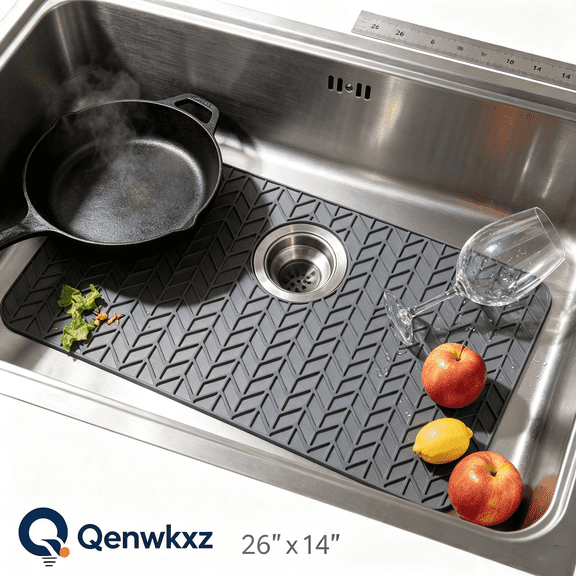 Qenwkxz Silicone Sink Mat 26" x 14" Rear‑Center Drain - Kitchen Sink Protector Mat Grid for Bottom of Stainless Steel Farmhouse Sink, 500°F Heat Resistant Non-Slip Mat