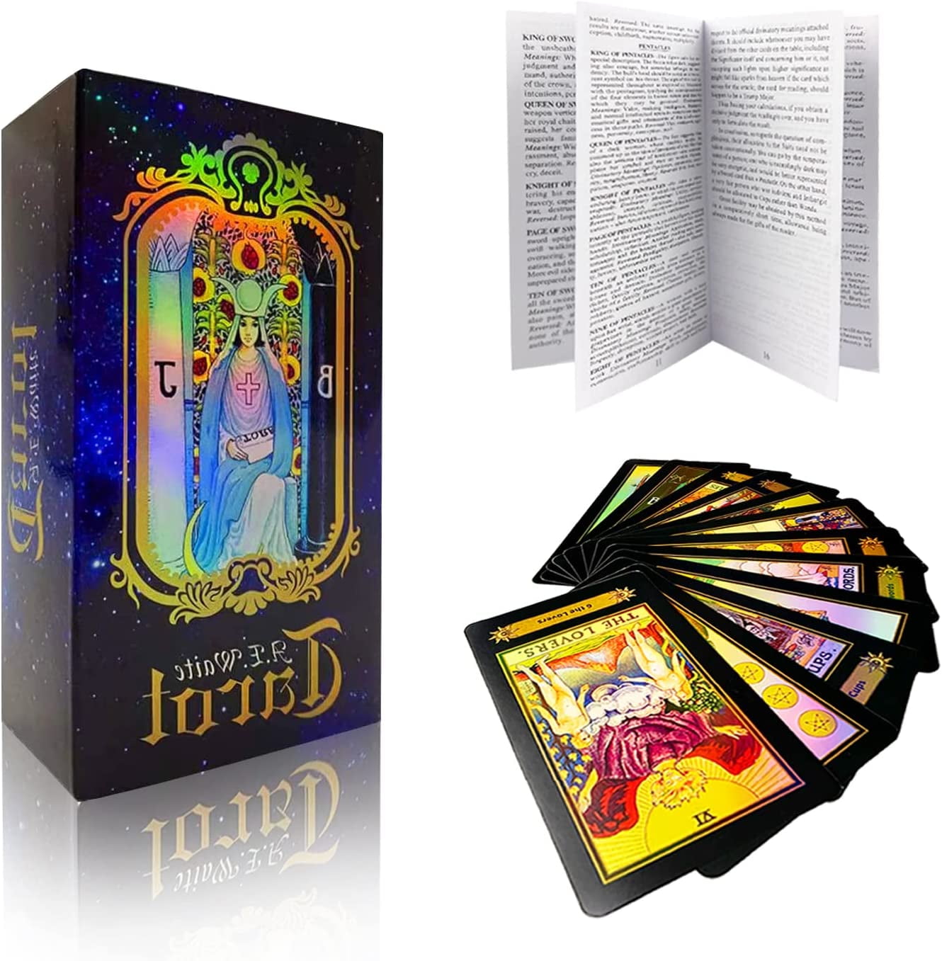 Qenwkxz Tarot Cards Deck, Holographic Paper, 78 Cards, English