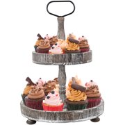 Qenwkxz Tiered Tray Cupcake Stand 2 Tier Tray Stand Serving Cakes Tray Decorative Trays with Handle, Round Rustic Stand for Kitchen, Homeware Display Platters for Party