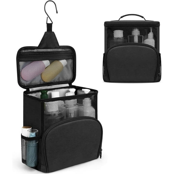 Qenwkxz Travel Mesh Shower Caddy Wash Bag Hanging Tote Organizer Toiletry Bags travel Size Toiletries Men Women Kit Bag with Hook Hanger Large Cosmetics Makeup Organizer Pouch Bag Black 8.9*5.7*9.8in