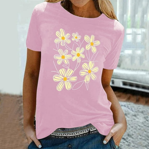 Qepwsc 2025 Womens Tops Summer Short Sleeve Crew Neck Floral Print T-Shirts Blouses Dressy Casual Ladies Blouss Vintage Tees Loose Fits Shirts for Women Trendy Loose Fits Going Out Tps S-XXL 