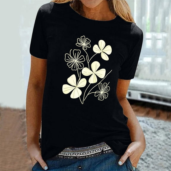 Qepwsc 2025 Womens Tops Summer Short Sleeve Crew Neck Floral Print T-Shirts Blouses Dressy Casual Ladies Blouss Vintage Tees Loose Fits Shirts for Women Trendy Loose Fits Going Out Tps S-XXL ﻿