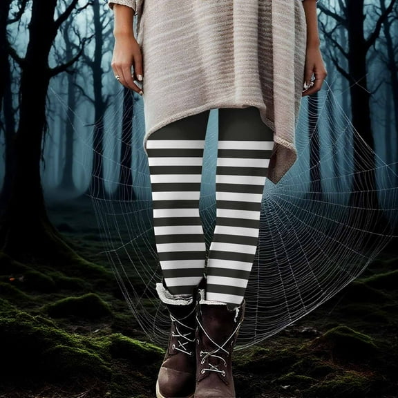 Qepwsc Casual Leggings for Women, Full-Length Stripe Printed Legging Footless Elastic Yoga Pants, Halloween Graphic Pants Length and Biker Running Athletic Loungewear Pants