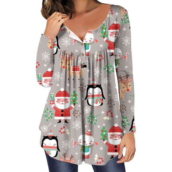 Qepwsc Graphic Shirts for Women V Neck Babydolls Ruffle TShirt Christmas Print Long Sleeve Sweatshirt Pullover Top Basic Blouse Tees Top 2025 Holiday Fall Outfits Loose Fits Xmas Gifts Plus Size S_XXL