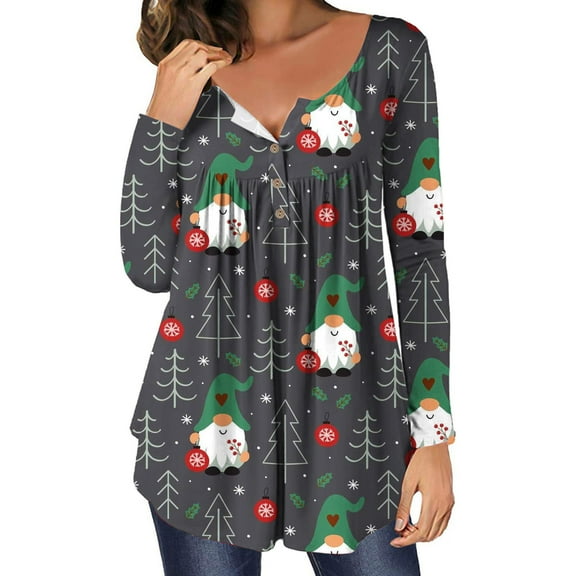 Qepwsc Graphic Shirts for Women V Neck Babydolls Ruffle TShirt Christmas Print Long Sleeve Sweatshirt Pullover Top Basic Blouse Tees Top 2025 Holiday Fall Outfits Loose Fits Xmas Gifts Plus Size S_XXL