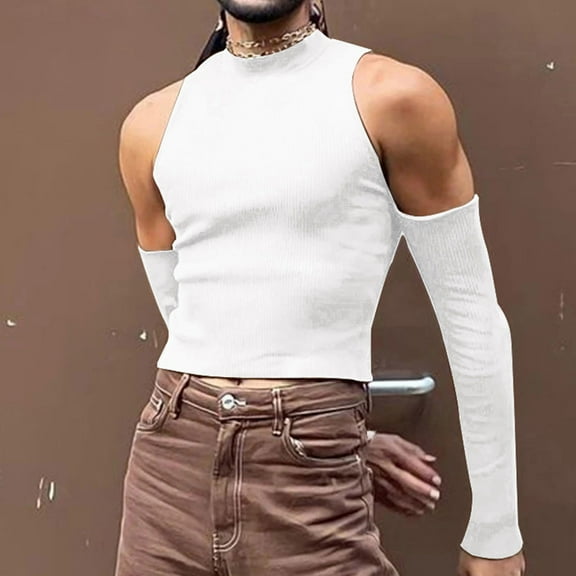 Qepwsc Men's Cut Out Cold Shoulder Knit Solid Round Neck Long Sleeve Tee Shirts