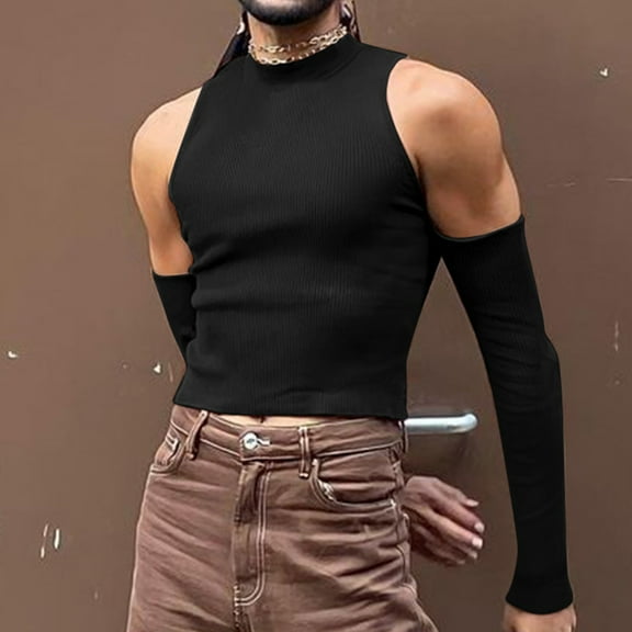 Qepwsc Men's Cut Out Cold Shoulder Knit Solid Round Neck Long Sleeve Tee Shirts
