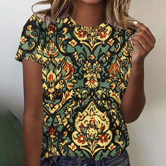 Qepwsc Plus Size 2025 Womens Trendy T Shirts Summer Blouses Floral Print Going Out Tops Casual Round Neck Short Sleeve Vintage Tees Tops Loose Fits Ladies Shirts Basic Tees for Women S-XXXXXL