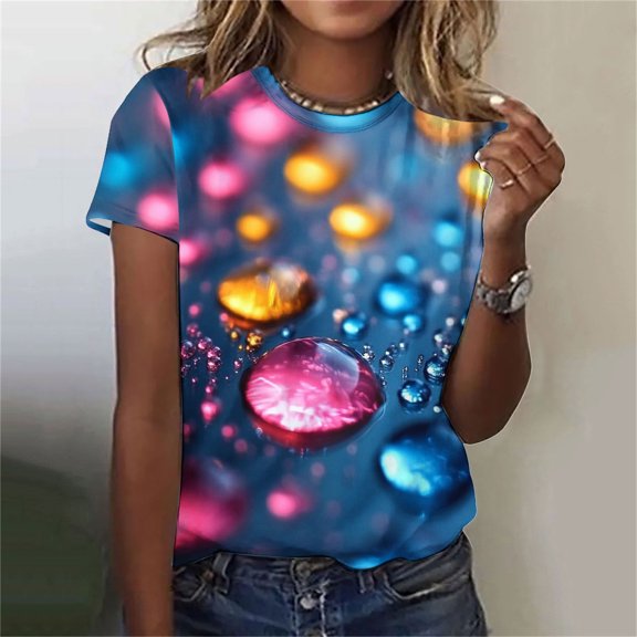 Qepwsc Plus Size Women Crewneck Short Sleeve T-Shirts Cute Graphic Tees for Women Tops Colorful Print Casual Tshirt Blouss Fashion Clothes 2025 Ladies Sweatshirt Loose Fits Going Out Tops S-XXXXXL