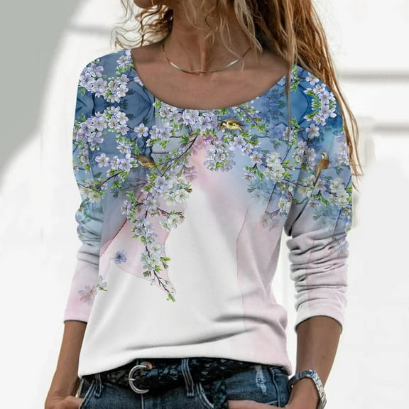 Qepwsc Top for Women Crew Neck Shirts Pullover Tops Long Sleeve Floral Print Going Out Tops Basic Blouse Tees Top 2025 Sweatshirt Loose Fits Holiday TShirt Fall Trend Outfits