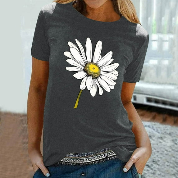 Qepwsc Tops for Women Short Sleeve Floral Print Crew Neck Shirts Casual T-Shirts 2025 Ladies Blouss Vintage Tees Loose Fits Summer Outfit Graphic Tees Shirts for Women Trendy S-XXL