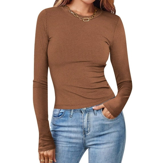 Qepwsc Women's Crew Neck Long Sleeve Shirts Casual Basic T Shirts Lightweight Base Layer Solid Slim Fits Tops