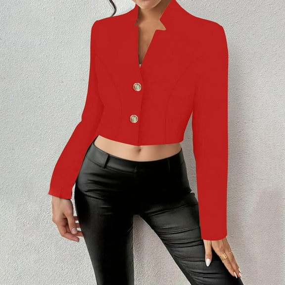 Qepwsc Women's Crop Blazer Jacket Button Up Long Sleeve Pleated Work Office Cropped Jacket