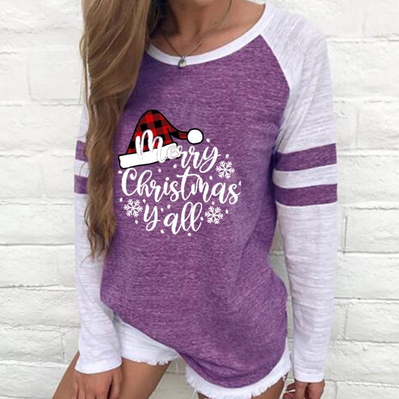 Qepwsc Women's Graphic Shirts Crew Neck TShirt Christmas Print Long Sleeve Sweatshirt Pullover Top Basic Blouse Tees Top 2025 Holiday Fall Outfits Loose Fits Xmas Gifts Plus Size S_XXXL