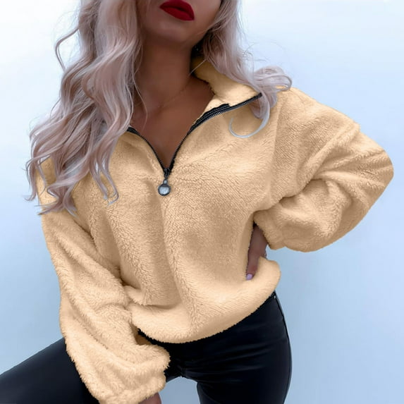 Qepwsc Women's Long Sleeve Fuzzy Pullover Zipper Front Casual Crew Neck Stripe Soft Loose Fits Sweater Blouse Tops