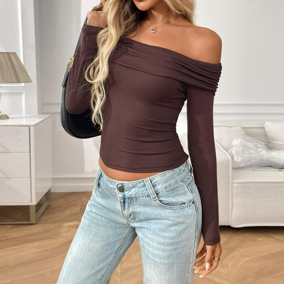 Qepwsc Women's Off Shoulder Tops Sweatshirt Tops Fall Puff Long Sleeve Slim Fits Casual Tops Shirts Blouses Fashion Clothing