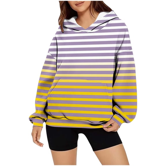Qepwsc Womens Hoodies Casual Top Shirts Long Sleeve Hoodie Pullover Blouses Stripe Print Ladies Tunics Loose Fitting Basic Tees 2025 Going Out Top Hooded Fashion Clothing Ladies Spring Fall Sweatshirt