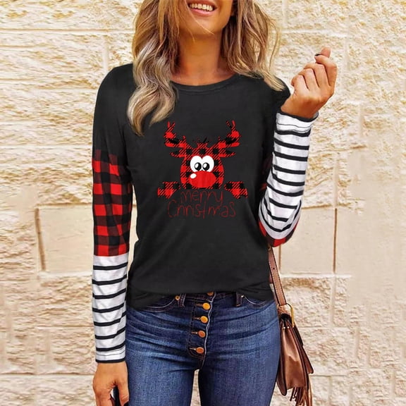 Qepwsc Womens Merry Christmas Shirts Long Sleeve Basic Tee Casual Fall Tops Fashion Casual Clothes Ladies Pullover Shirts Tops Loose Fits