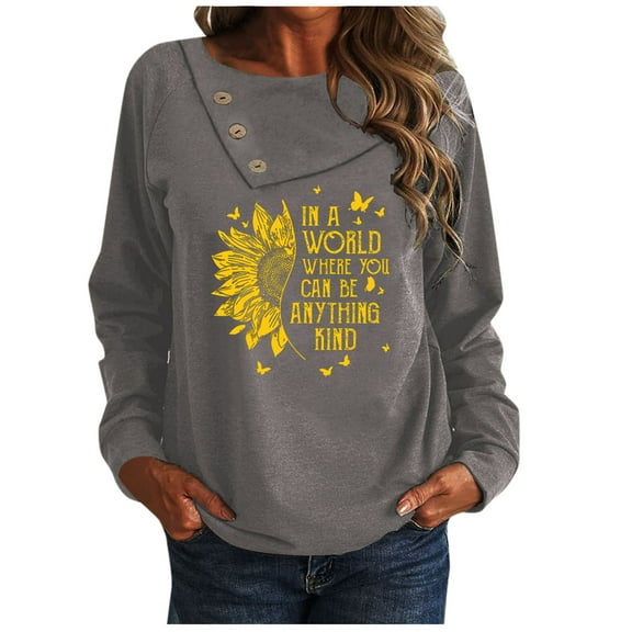 Qepwsc Womens Oversized T Shirts Button Long Sleeve Crewneck Basic Tee Tops Floral Print Casual Fashion Graphic Clothes Ladies Pullover Shirts Tops Loose Fits