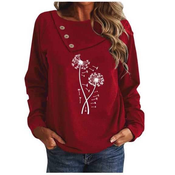 Qepwsc Womens Oversized T Shirts Button Long Sleeve Crewneck Basic Tee Tops Floral Print Casual Fashion Graphic Clothes Ladies Pullover Shirts Tops Loose Fits