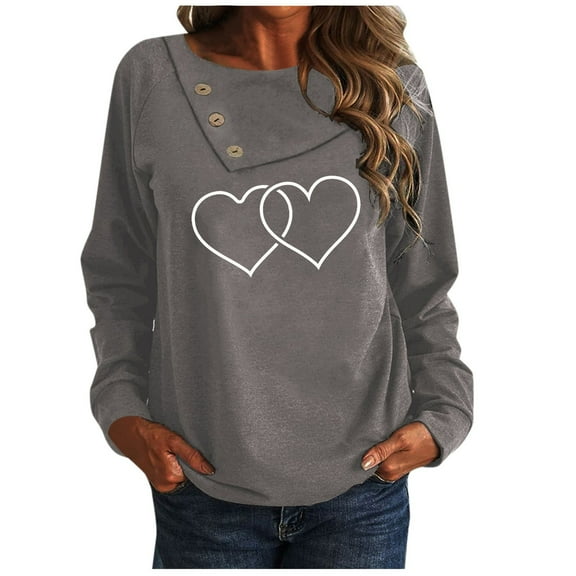 Qepwsc Womens Oversized T Shirts Long Sleeve Basic Crewneck Tee Tops Heart Print Casual Fashion Casual Graphic Clothes Ladies Pullover Shirts Tops Loose Fits