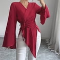 thumbnail image 1 of Qepwsc Womens Shirts Long Sleeve Tie Waist V Neck Shirts Basic Tees Shirts Casual Dressy Blouses Tops Shirts Going Out Top Ladies Fall Sweatshirt Loose Fitting, 1 of 3