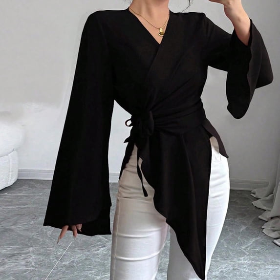 Qepwsc Womens Shirts Long Sleeve Tie Waist V Neck Shirts Basic Tees Shirts Casual Dressy Blouses Tops Shirts Going Out Top Ladies Fall Sweatshirt Loose Fitting