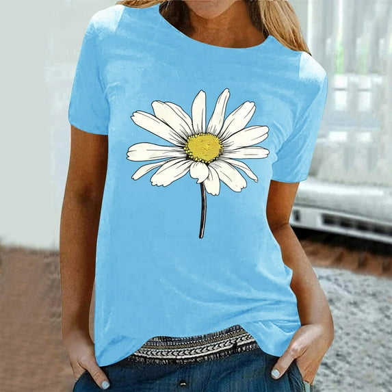 Qepwsc Womens Short Sleeve Tops Floral Print Shirts Crewneck Blouses T-Shirts Summer Outfit Graphic Tees for Women Casual T-Shirts Fashion Clothes 2025 Ladies Blouss S-XL