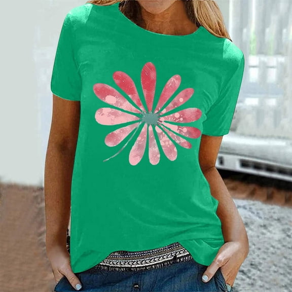 Qepwsc Womens Short Sleeve Tops Floral Print Shirts Crewneck Blouses T-Shirts Summer Outfit Graphic Tees for Women Casual T-Shirts Fashion Clothes 2025 Ladies Blouss S-XL