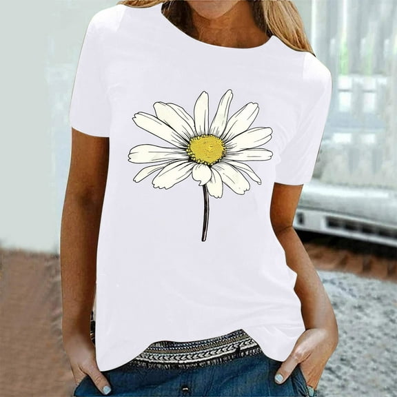 Qepwsc Womens Short Sleeve Tops Floral Print Shirts Crewneck Blouses T-Shirts Summer Outfit Graphic Tees for Women Casual T-Shirts Fashion Clothes 2025 Ladies Blouss S-XL