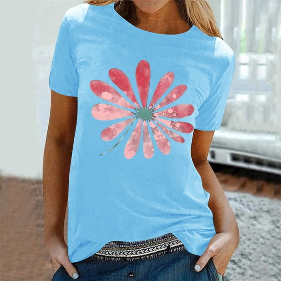 Qepwsc Womens Short Sleeve Tops Floral Print Shirts Crewneck Blouses T-Shirts Summer Outfit Graphic Tees for Women Casual T-Shirts Fashion Clothes 2025 Ladies Blouss S-XL