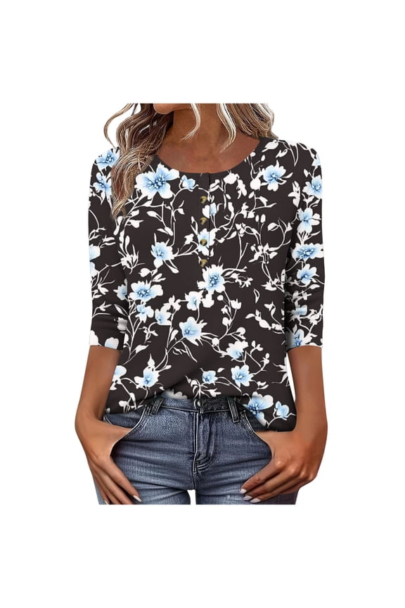 Womens Tops Casual Shirts 3/4 Long Sleeve Tops Beach Shirts Collarless Tunic Floral Print Loose Fits Quarter Button Front Top Graphic Tees Blouses Tops Shirts