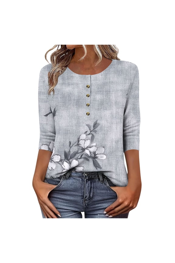Womens Tops Casual Shirts 3/4 Long Sleeve Tops Beach Shirts Collarless Tunic Floral Print Loose Fits Quarter Button Front Top Graphic Tees Blouses Tops Shirts