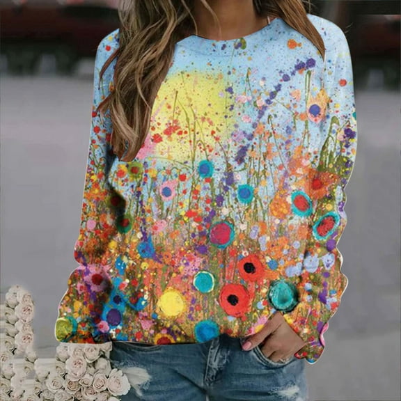 Qepwsc Womens Tops Long Sleeve Shirts Round Neck Loose Casual Blouses Floral Print Tshirts