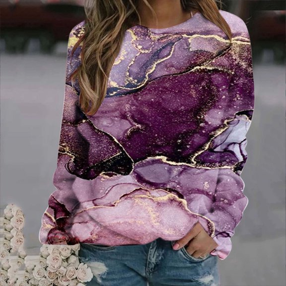 Qepwsc Womens Tops Long Sleeve Shirts Round Neck Loose Casual Blouses Floral Print Tshirts